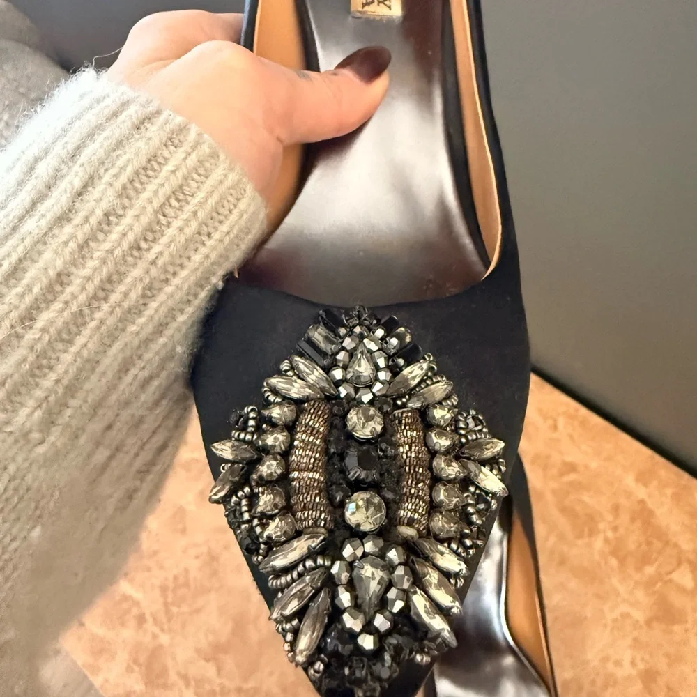 Badgley Mischka Black Satin Embellished Heels - Picture 9 of 11